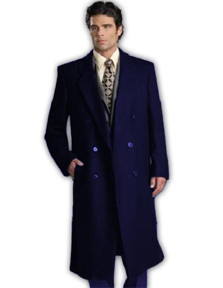 Mens Navy Blue Double Breasted Wool Full Length Overcoat ~ Topcoat 