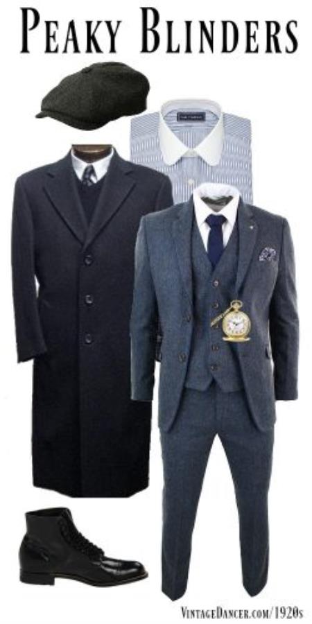 English Look Peaky Blinders 1920s Style Boot Hat + Shirt + Peaky Blinders Tweed Suit  + Overcoat Outfit + Gangster Package Combo ~ Combination