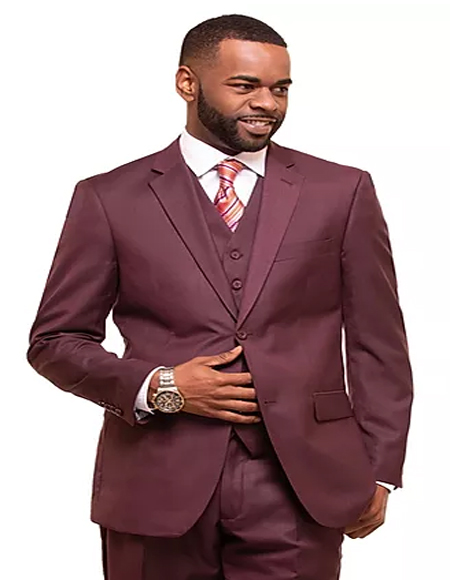 Mens Burgundy Single Breasted 2 Button Notch Lapel Suit