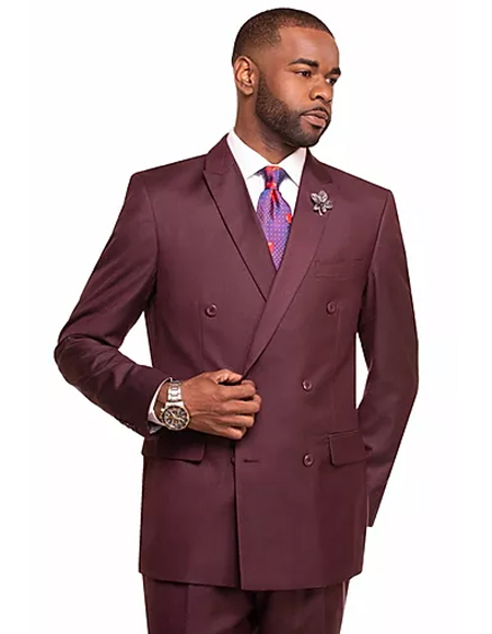 Mens Burgundy Double Breasted 2 Button Notch Lapel Suit