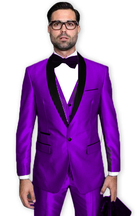 Dark Purple Tuxedo Shawl Collar Jacket & Pants 3 Piece Suit Prom or Wedding or Shiny Flashy Metallic Fabric Groom Tuxedo