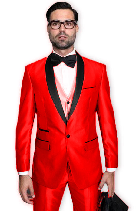 Red Tuxedo Shawl Collar Jacket & Pants Suit Prom or Wedding or Shiny Flashy Metallic Fabric Groom Tuxedo
