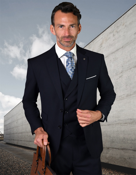 Navy Lazio Style Wool Fabric Vested Single Breasted Suit 