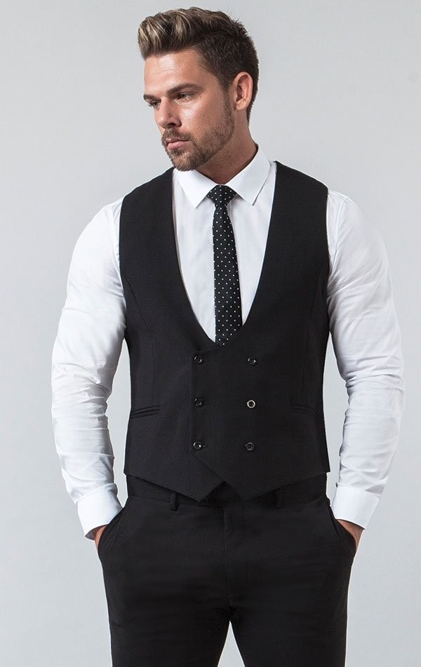 Mens Avail London Black Six Button Double Breasted Vest