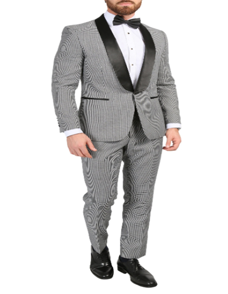 Mens Gray 65% Polyester 35% Rayon Single-Button Shawl Lapel Suit