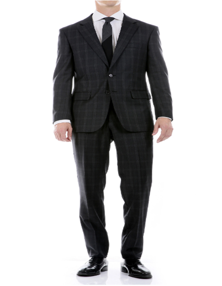 Mens Black Plaid Check 2 Button Notch Lapel Windowpane Suit - Wool