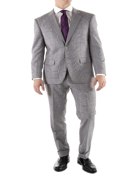 Light Grey Plaid Check Notch Lapel Slim Fit Flat Front Windowpane Suit - Wool