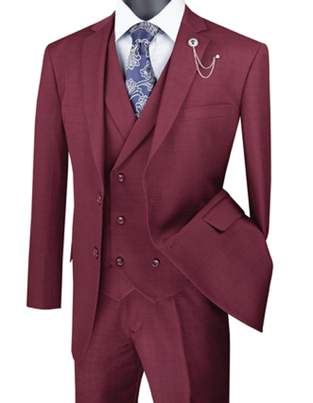 Tweed 3 Piece Suit - Tweed Wedding Suit Burgundy Square Plaid Mens Suit 3 Piece