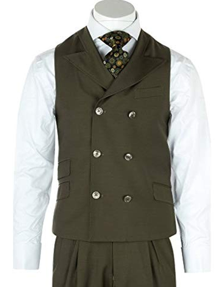 Mens Olive Wool Mens Double Dreasted Vest