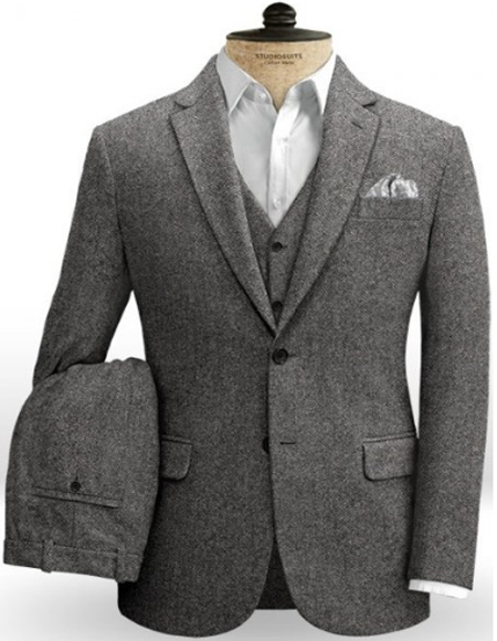 Tweed 3 Piece Suit - Tweed Wedding Suit Mens Tweed Suit Mens Gray Notch Lapel Two Button Jacket Style Two Welted Back Pockets