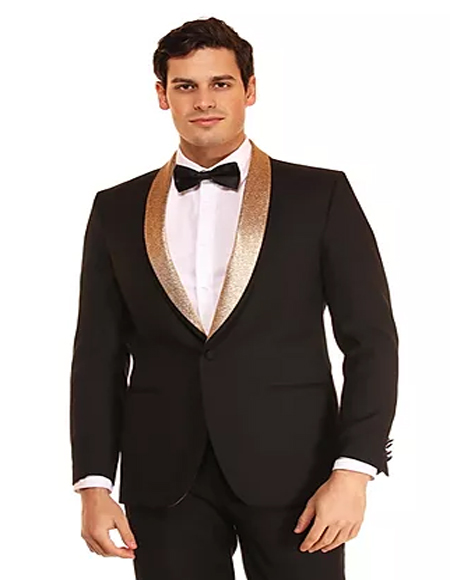 Mens Black ~ Gold One Button Fashion Prom - Wedding Suits & Tuxedo