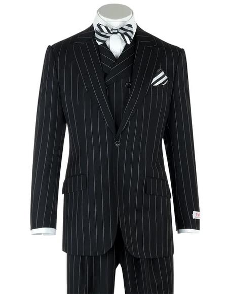 1920s Mens Gangster Bold Black Chalk Pinstripe with Double Breasted Vest Wool Fabric