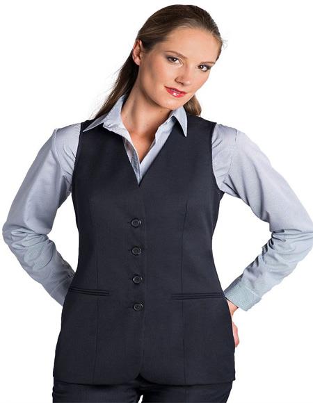 Four Button Solid Pattern Navy Notch Lapel Women Vest Sleeveless Blazer