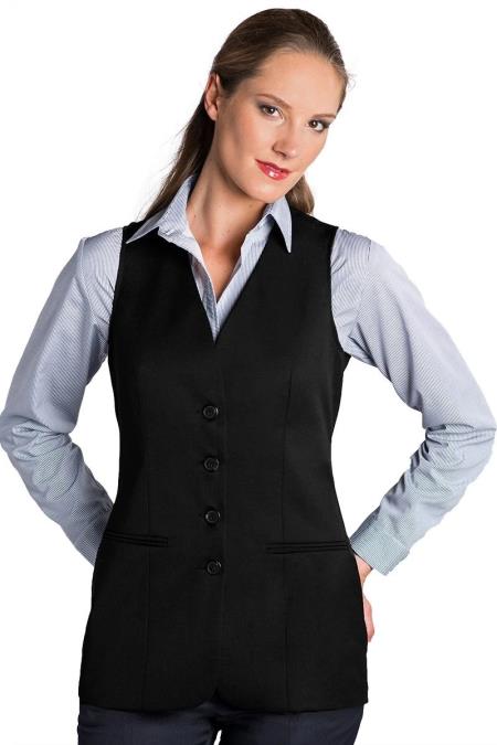 Four Button Solid Pattern Black Notch Lapel Women Vest Sleeveless Blazer