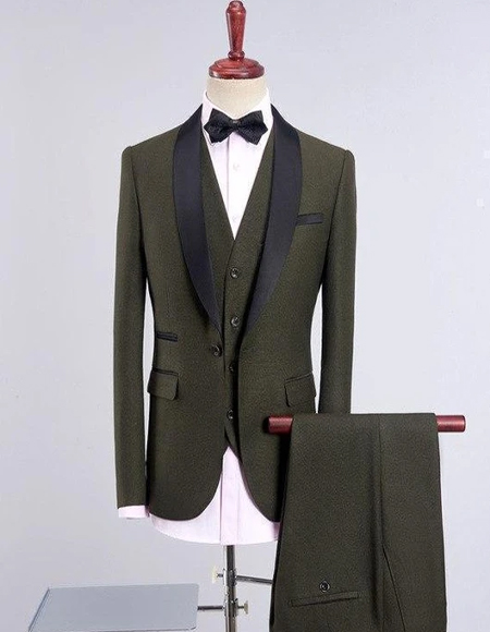 Mens Army Green Solid Four-Button Shawl Lapel Three-piece Suit - Wool