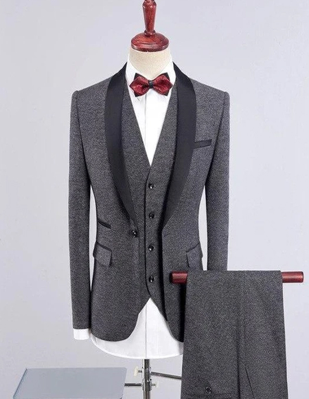 Mens Gray Solid Four-Button Wool Blend Three-piece Suit