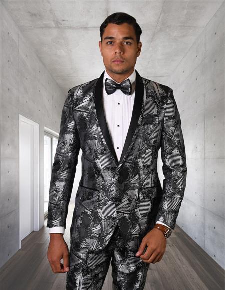 Two Button Ultra Slim Fit Prom Suit / Wedding Suit In Gray With Matching Bow Tie