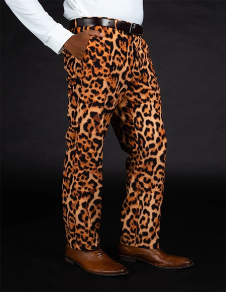 Mens 100% Polyester Slim Fit Leopard Print Pants