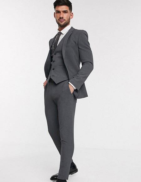 Extra Slim Fit Suit Mens Charcoal Shorter Sleeve~ Shorter Jacket - 3 Piece Suit For Men - Three piece suit