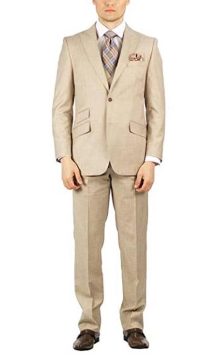 Mens Beige Hook-and-Button Double Breasted Modern fit suit - 3 Piece Suit For Men - Three piece suit - Wool