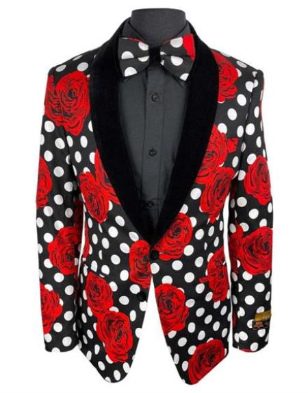 Red Tuxedo Mens Black and White and Red Polk Dot Single Breasted Tuxedo Suit