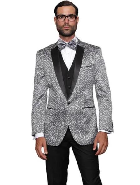 Paisley Floral Suit & Tuxedo Jacket and Pants and Bow Tie Silver Grey