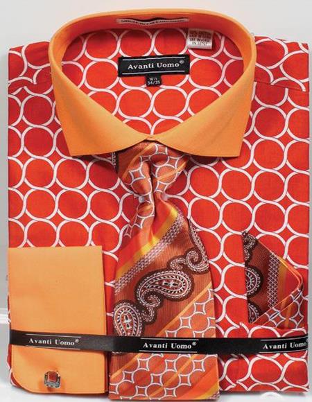 Mens Big Size Orange Circle Link Dress Shirt Tie Set
