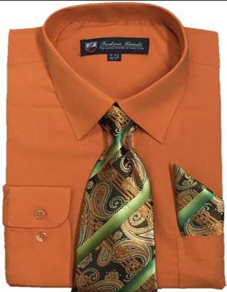 Mens Dress Shirts Tie Set Orange Color Long Sleeve Fortini