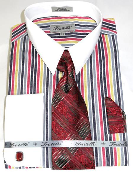Red Cathedral Stripe Colorful Pinstripe Pattern - White Collared - French Cuffed Mens Dress Shirt - Striped Dress Shirt - Mens Pinstripe Dress Shirt