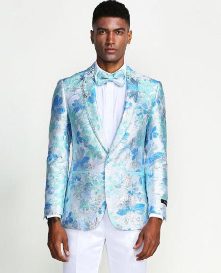 Aqua Floral Tuxedo Jacket Slim Fit - Blazer - Prom - Wedding