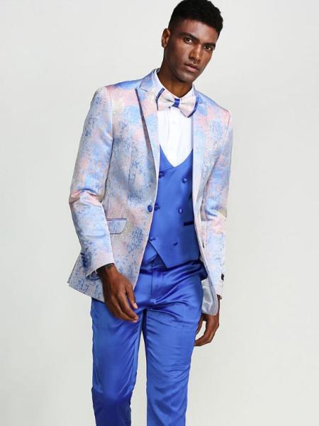 Blue Slim Fit Tuxedo with Fancy Pattern Four Piece Set - Wed