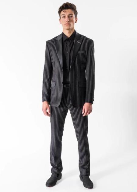 Black Tetron Viscose Peak lapel Gangster Stripe Tuxedo Suit 