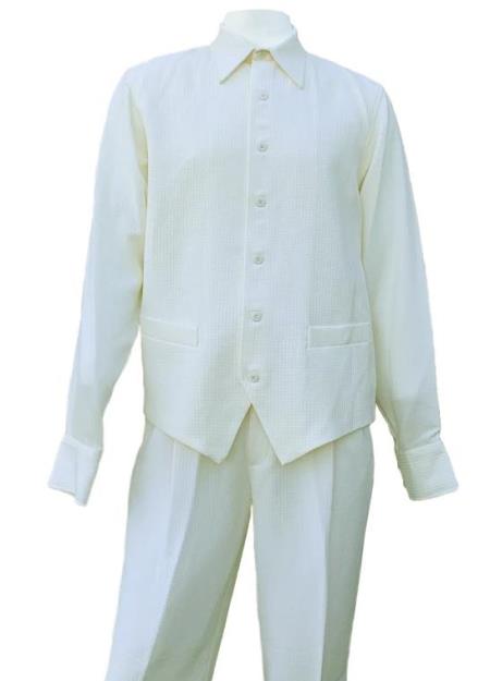 Monotone Vest Cut Long Sleeve 2pc Walking Suit Set - Off White