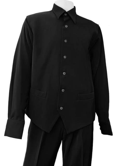 Monotone Vest Cut Long Sleeve 2pc Walking Suit Set - Black