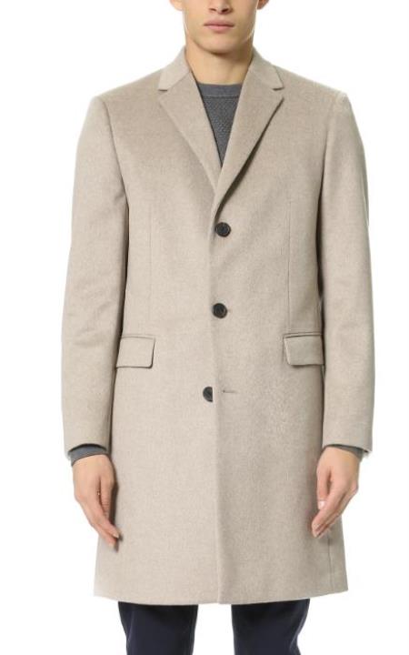 Mens Single Breasted Notched Lapel Cashmere Overcoat Tan
