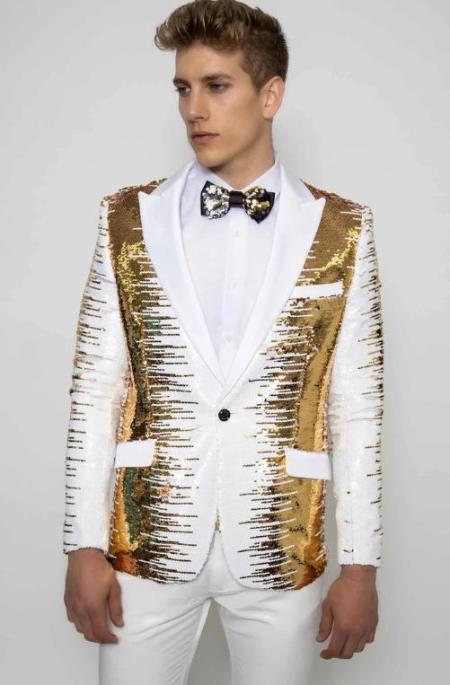 White and Gold Sequin Tuxedo - Fashion Fancy Blazer + Matching Bowtie
