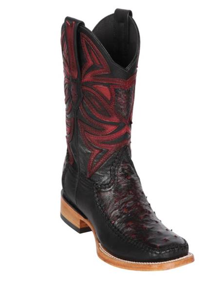 Los Altos Boots Ostrich and Deer Wide Square Toe Black Cherry