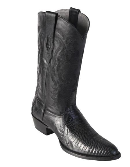 Los Altos Boots Lizard Teju R-Toe Black Cowboy Boots