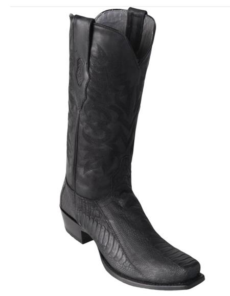 Mens Black Ostrich Leg Square 7-Toe Cowboy Boots - Greasy Finish - Botas De Avestruz