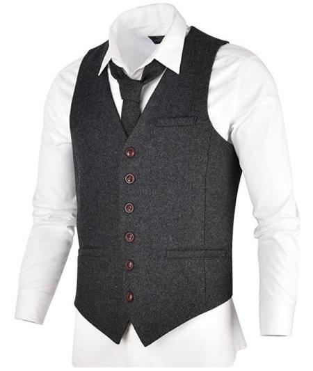 Mens Slim Fit Herringbone Tweed Suit Dark Grey - Wool