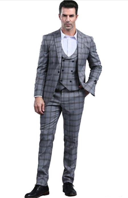 Charcoal Grey Slim Fitted Tapered Plaid - Window Pane Patterned Suit With Double Breasted Vest