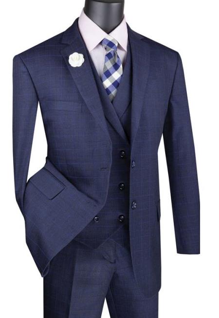 Navy Mens Single Breasted 2 Button Suit With Notch Collar Vest