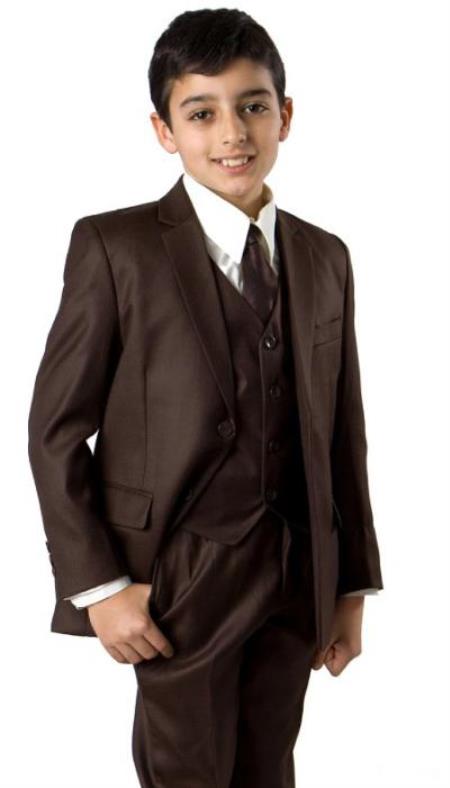 Boys Two Button Notch Lapel Boys Husky Suit Fit Suit Brown
