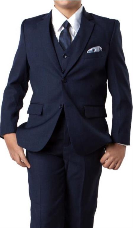 Boys Two Button Notch Lapel Boys Husky Suit Fit Suit With V-Neck Navy