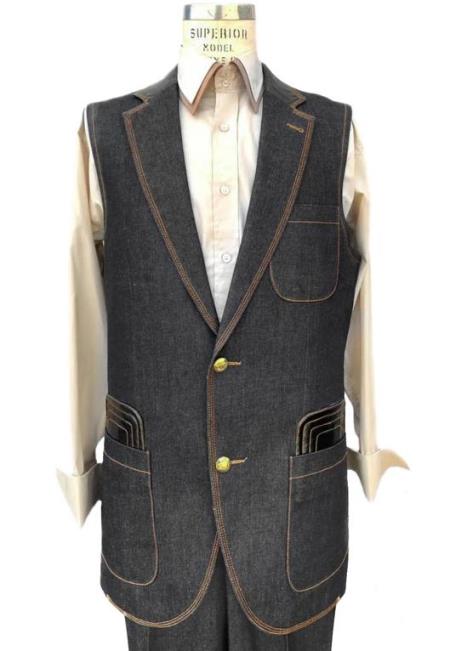 Mens Sleeveless Suit Denim Suit Vest and Pants Set Combination Black - Mens Denim 2 piece Set - Lapel Vest - Mens Vest With Lapels