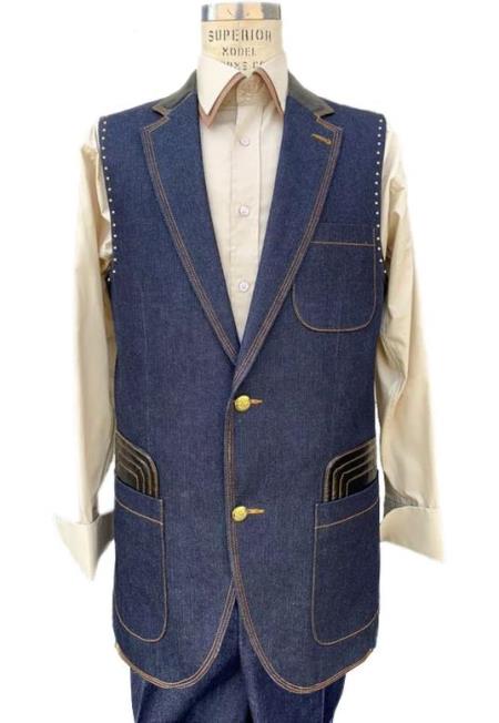 Mens Sleeveless Suit Denim Suit Vest and Pants Set Combination - Mens Denim 2 piece Set- Lapel Vest - Mens Vest With Lapels