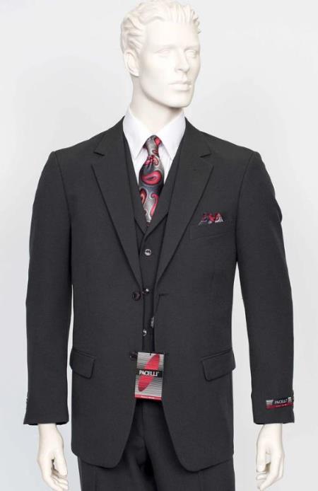 Poplin Fabric Pacelli 3pc Black Suit CAMERON-10000 Classic Fit Pleated Pants Athletic Cut