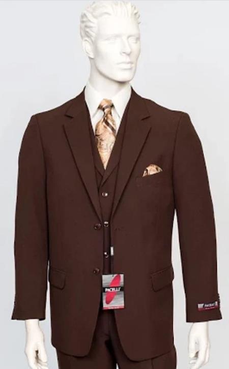 Poplin Fabric Pacelli 3pc Brown Suit CAMERON-10002 Classic Fit Pleated Pants Athletic Cut