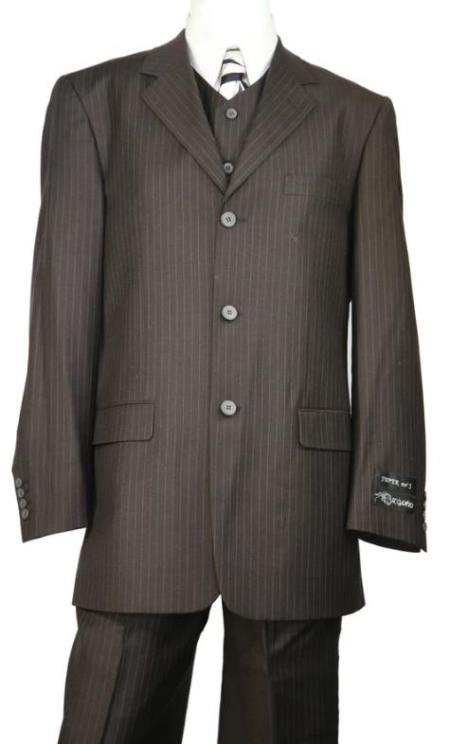 3 Button Suit Classic Fit Athletic Fit Pleated Pants Dark Chocolate Stripe