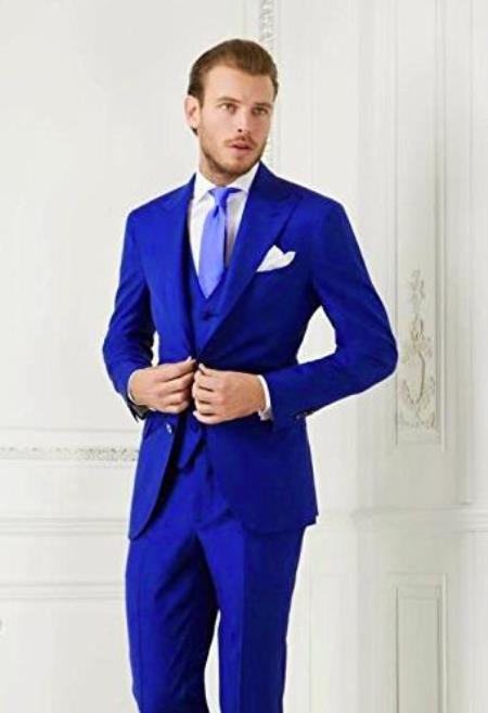 Mens Royal Blue Two Flap Front Pockets Peak Lapel Suit